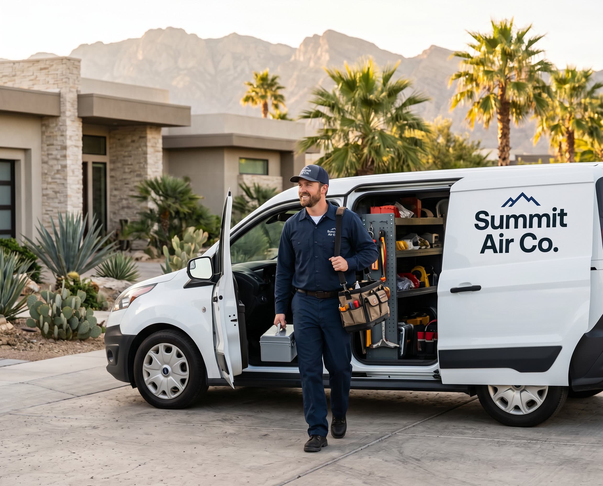 Real photo: technician + branded van, on a Las Vegas driveway
