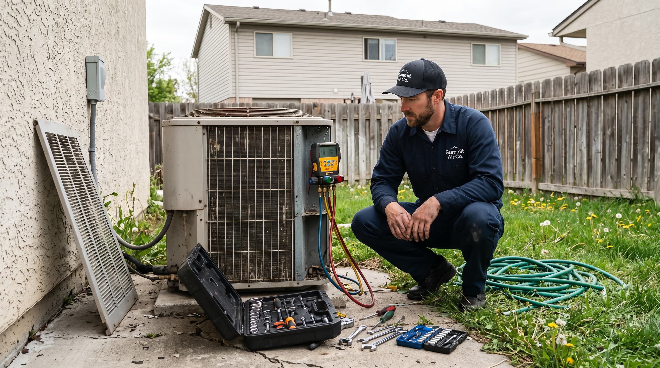 Real photo: technician at a condenser, tools out